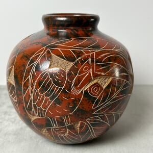Nicaragua Pottery Vase Hand Carved Cut Design Clay Pot Iguana Lizard Bird Monkey